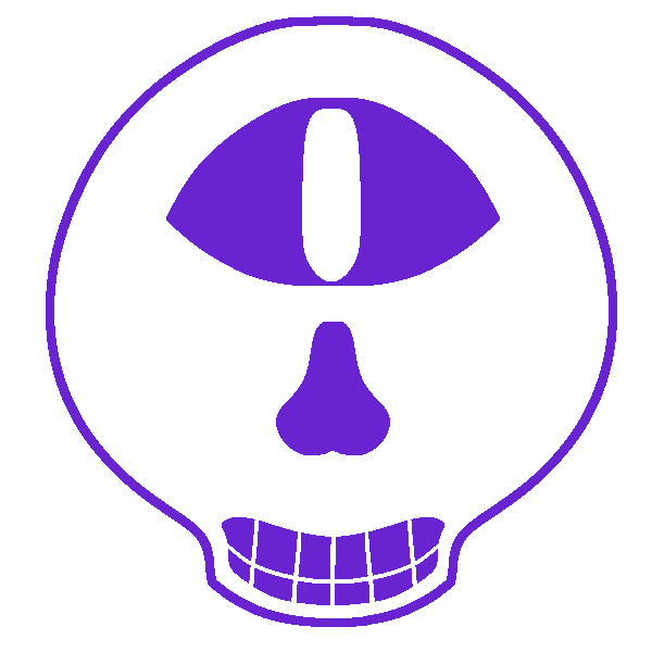  A purple eye on the temple of a grinning white skull, outlined in purple.